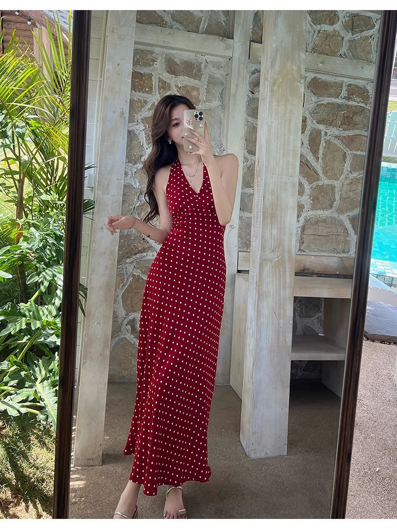 Mid-length Polka Dot Summer New Slim-fit Figure-flattering Sexy Backless Dress For Women