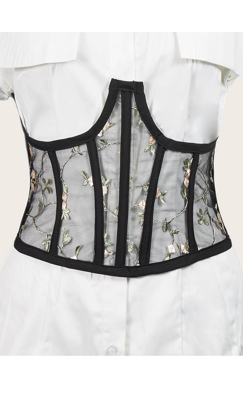 Fashion Girdle Female Embroidered Elastic Mesh Hollow Belt