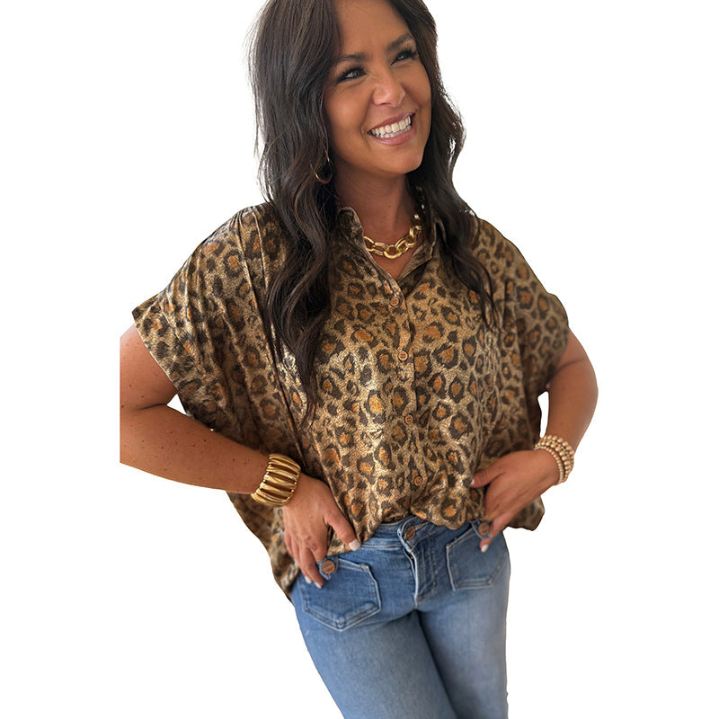 Womens Short-Sleeve Shirt Trendy Bold Leopard-Print Loose Top