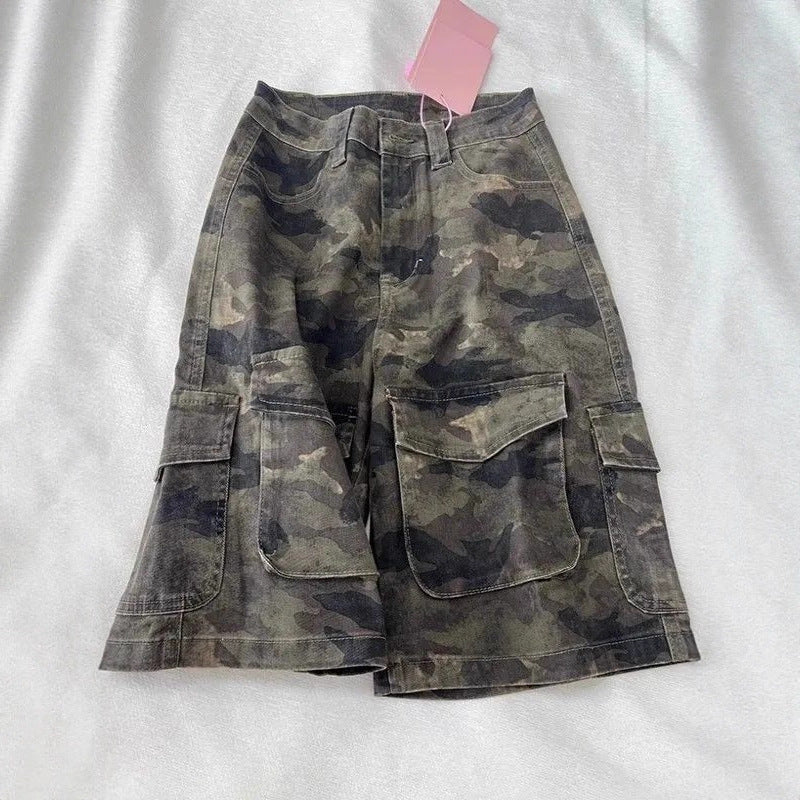 Womens Summer American-Style High-Street Vintage Camo Denim Shorts