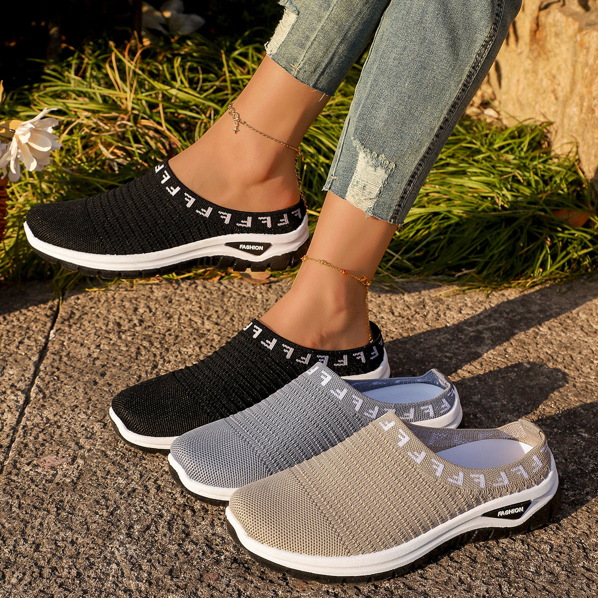 Baotou Semi-slip-on Casual Fashionable Versatile Chic Breathable Mesh Slip-on Pumps