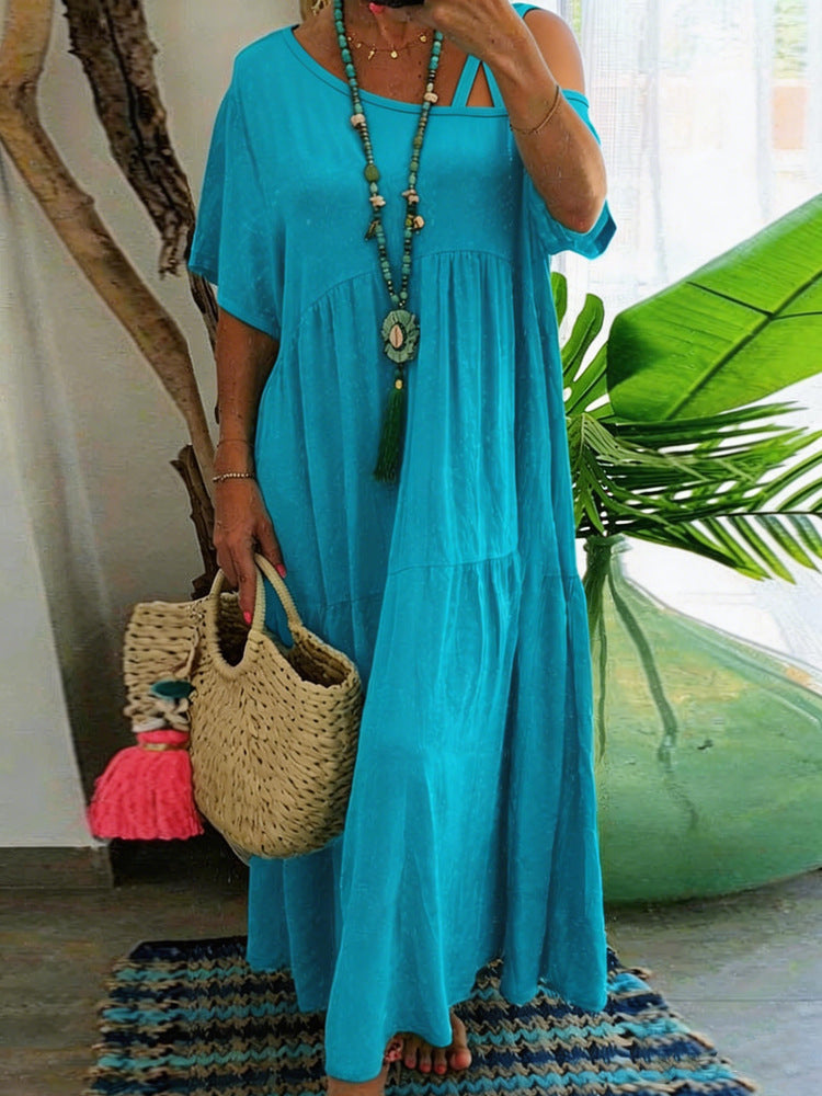 Casual Slash Neck Short Sleeve Cotton Linen Solid Color Womens Dress