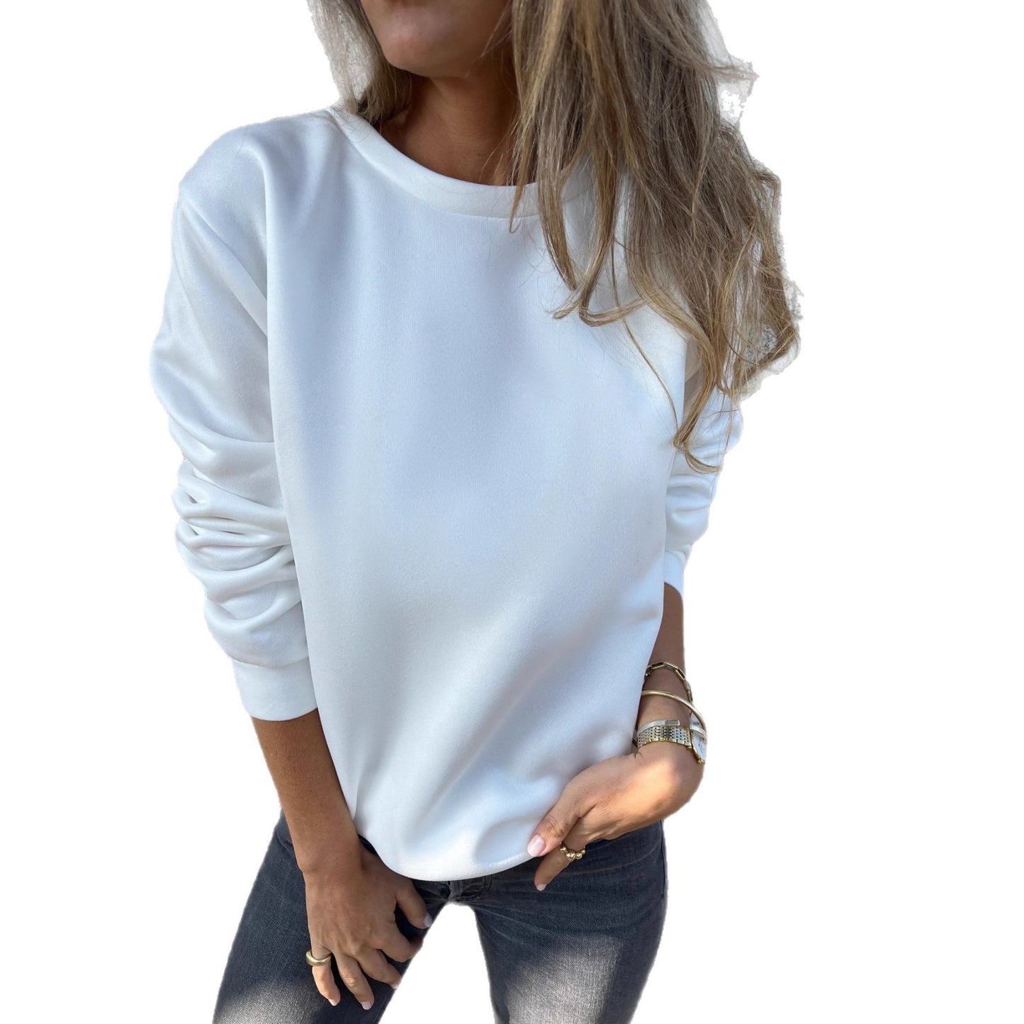 Afslappet ensfarvet langærmet sweater med rund hals til kvinder, ensfarvet top