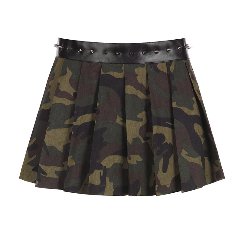 Street Style Camouflage-printet nederdel med nitter og plisseret lav talje Sexet nederdel
