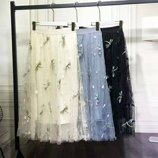 Dragonfly Embroidered Mesh Skirt Large Swing A- Line