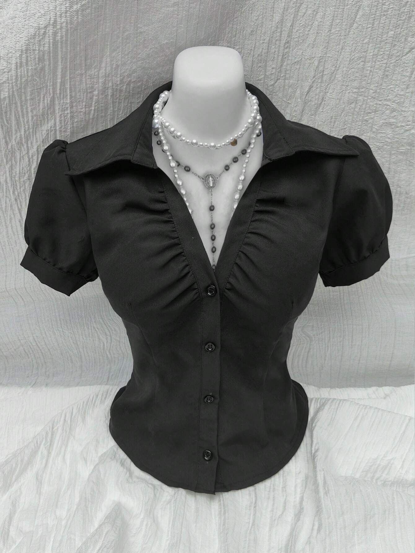 V-neck Pleated Sexy Women's Slim-fit Short-sleeved Shirt