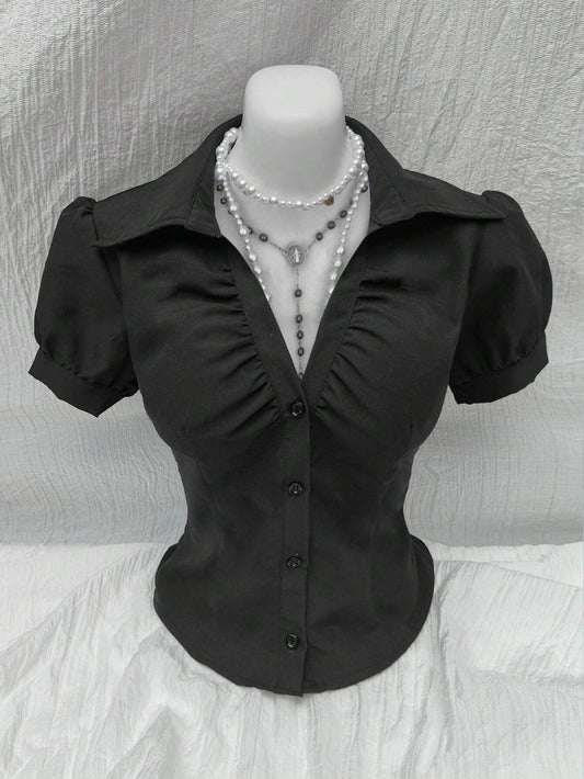 V-neck Pleated Sexy Women's Slim-fit Short-sleeved Shirt