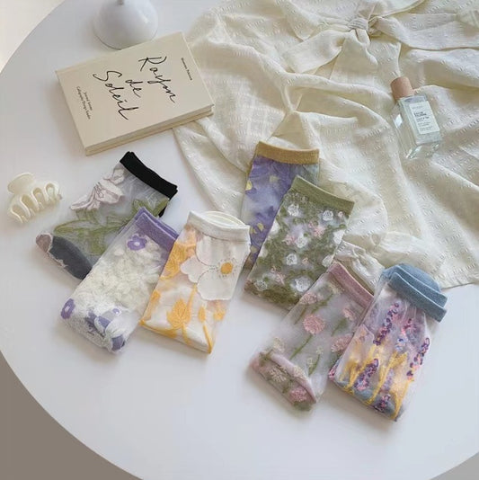 Spring And Summer Ultra-thin Breathable Retro Large Flower Spun Glass Mid-calf Socks Crystal Long Socks