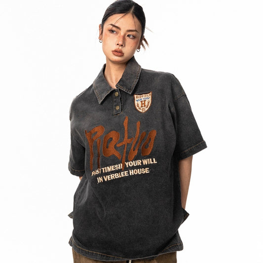 Embroidered Denim Short Sleeve Retro Neutral Loose