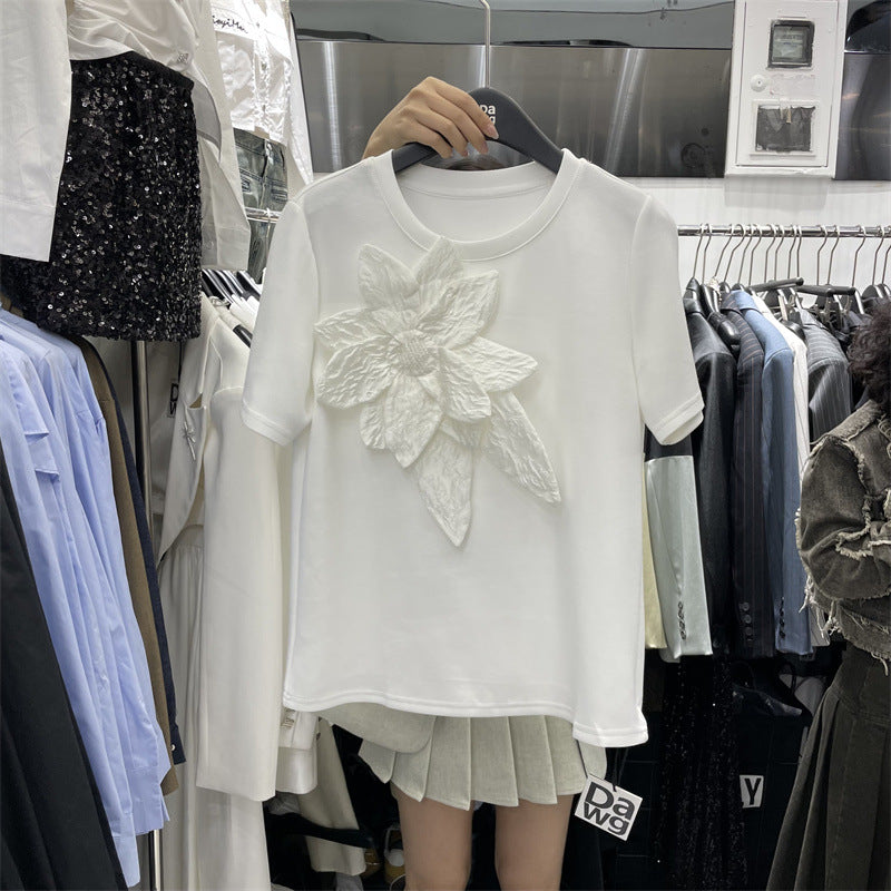 Tredimensionel blomster-air-layer kortærmet T-shirt til kvinder
