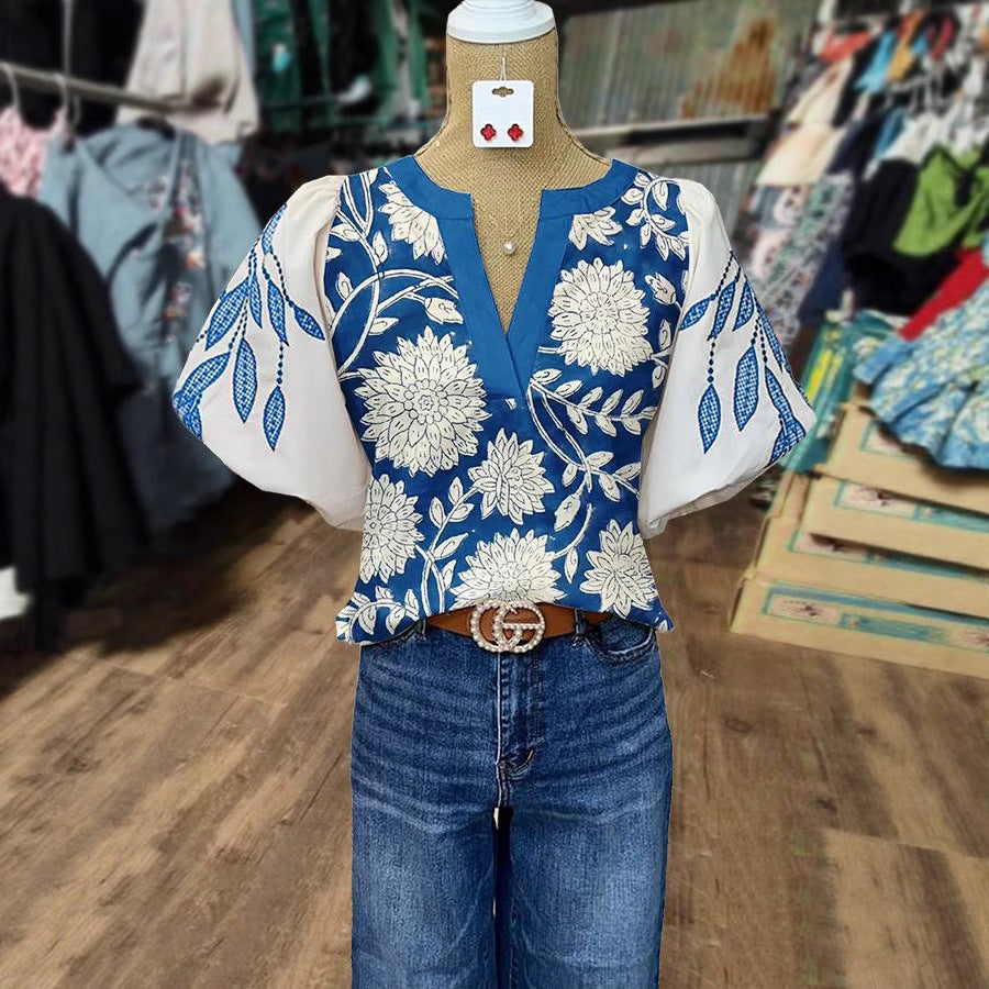 Women's Casual Loose Ethnic Print Lantern Sleeve Shirt