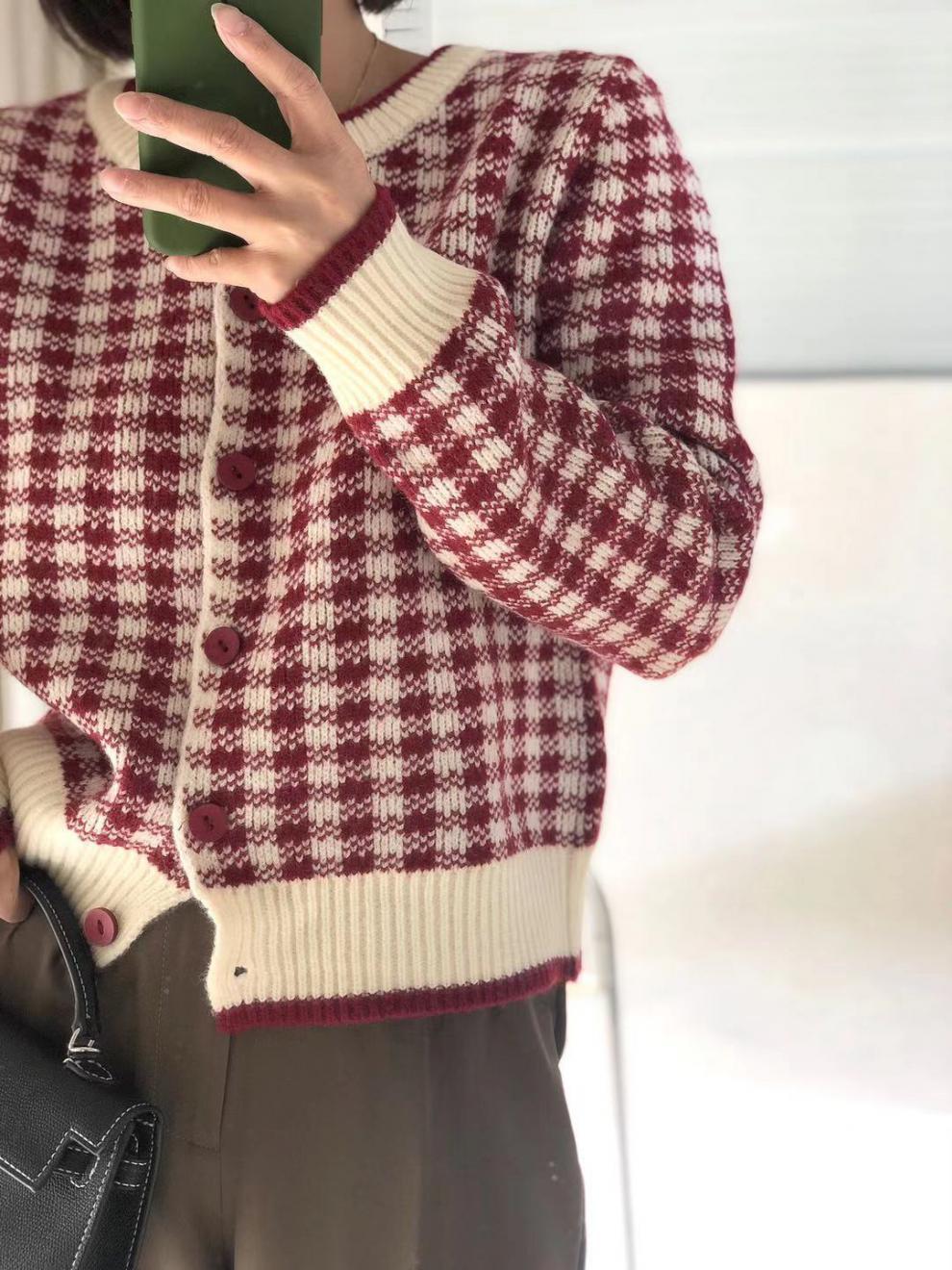 Vintage Simple Contrast Round Neck Plaid Knit Coat