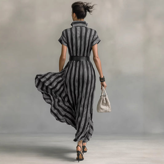 Elegant Womens Outfit Belted Short-sleeve Striped Shirt Dress