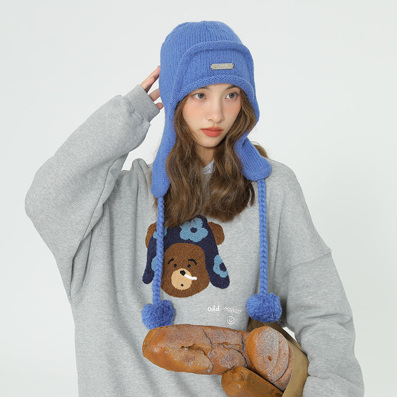 Women's Hat With Ear Protector And Wool Ball Knitting