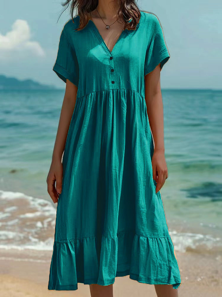 Solid-color Short-sleeve Fashionable Pleated Dress