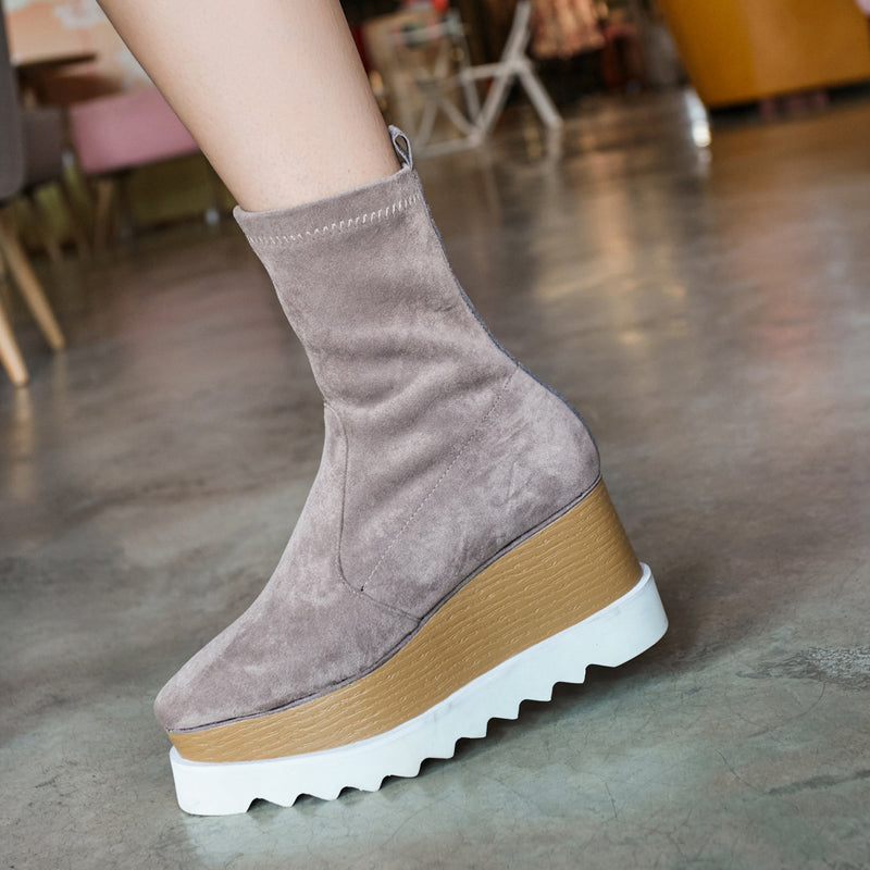 Square Toe Wedge Platform Stretch Boots