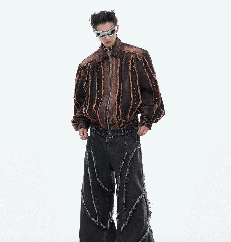 Niche Retro Distressed Deconstruction Padded Shoulder Denim Coat