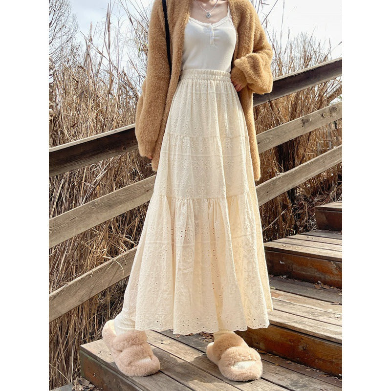 New French Style Retro Elastic Waist Pure Cotton Embroidery Long Dress