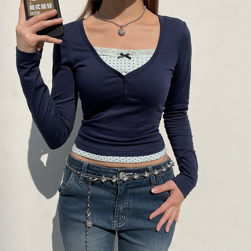 New Commuter Bottom Top Women's V-neck Panel Contrast Bow T-shirt