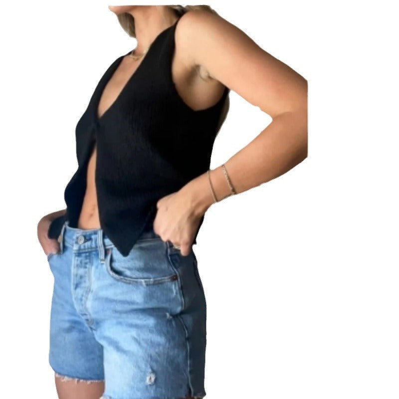 Deep V Sexy Vest Sleeveless Knitted Tup Cardigan