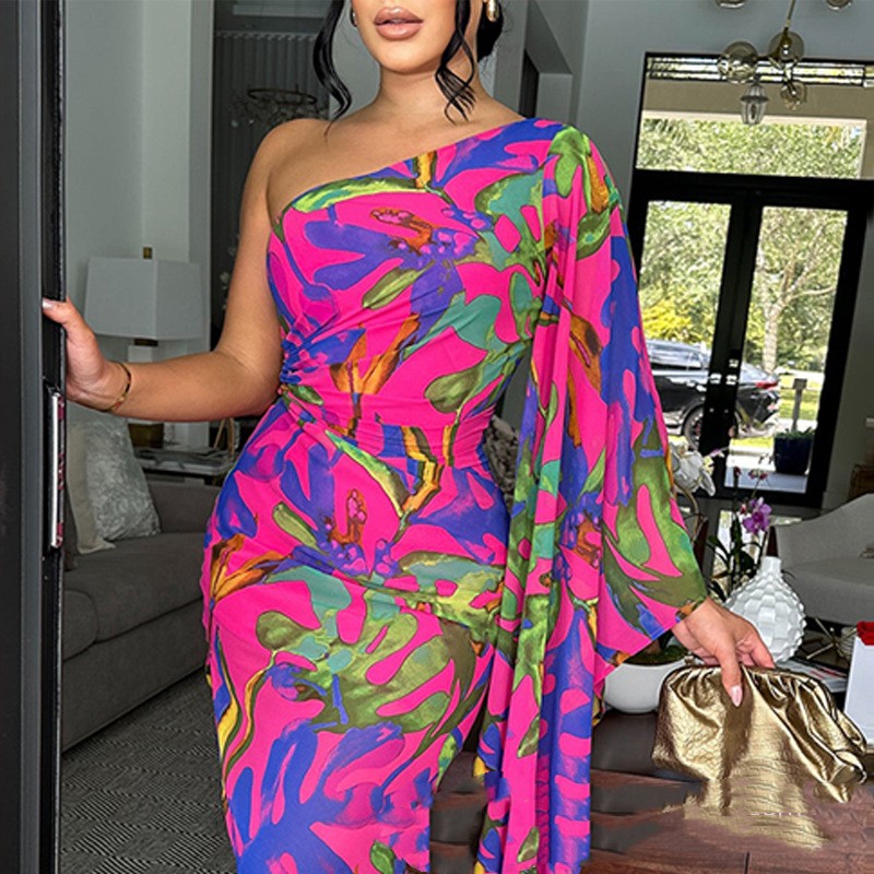 Womens Off-shoulder Printed Slim-fit Dress