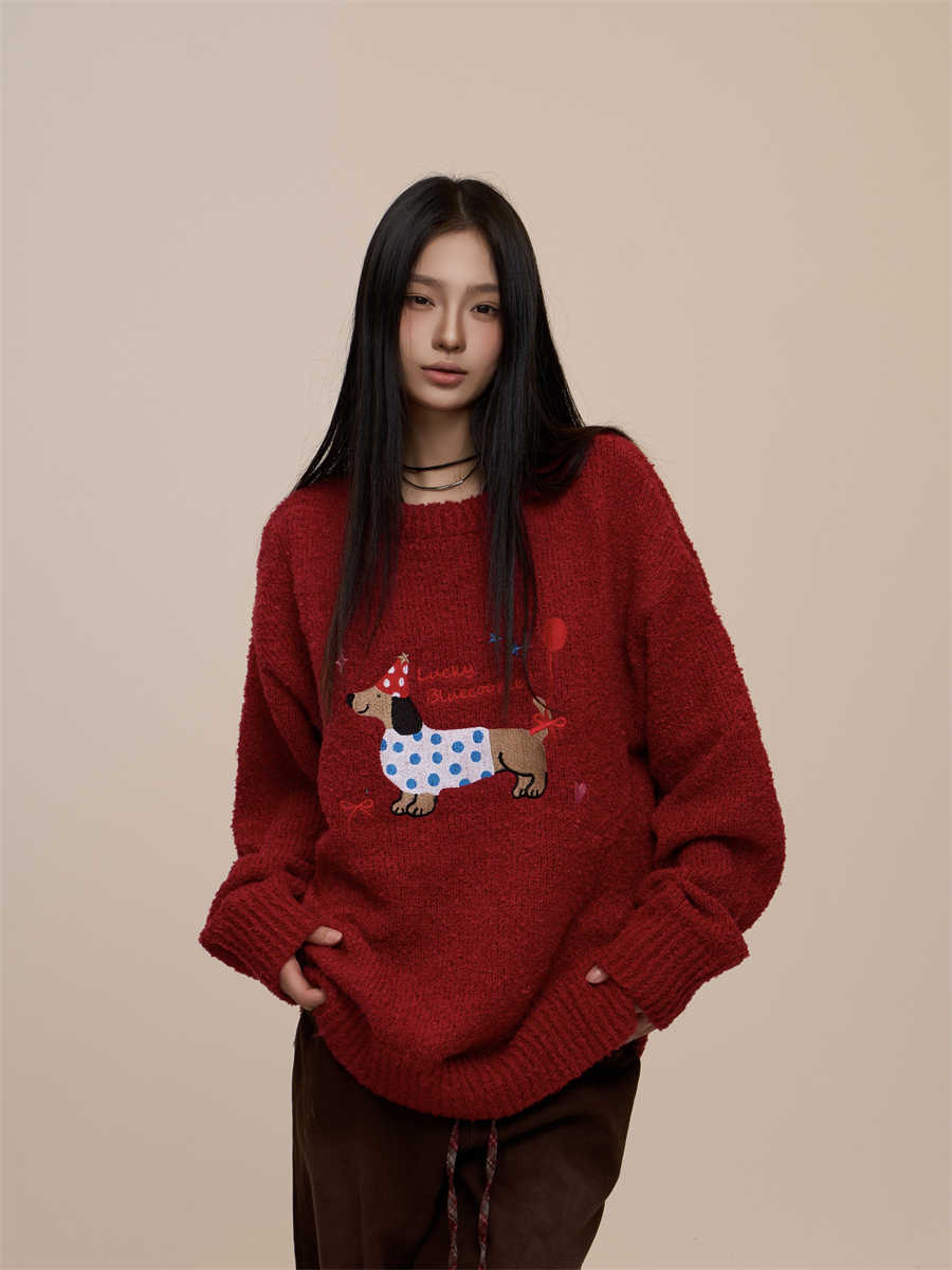 Christmas Red Couple's Sausage Dog Towel Embroidered Sweater