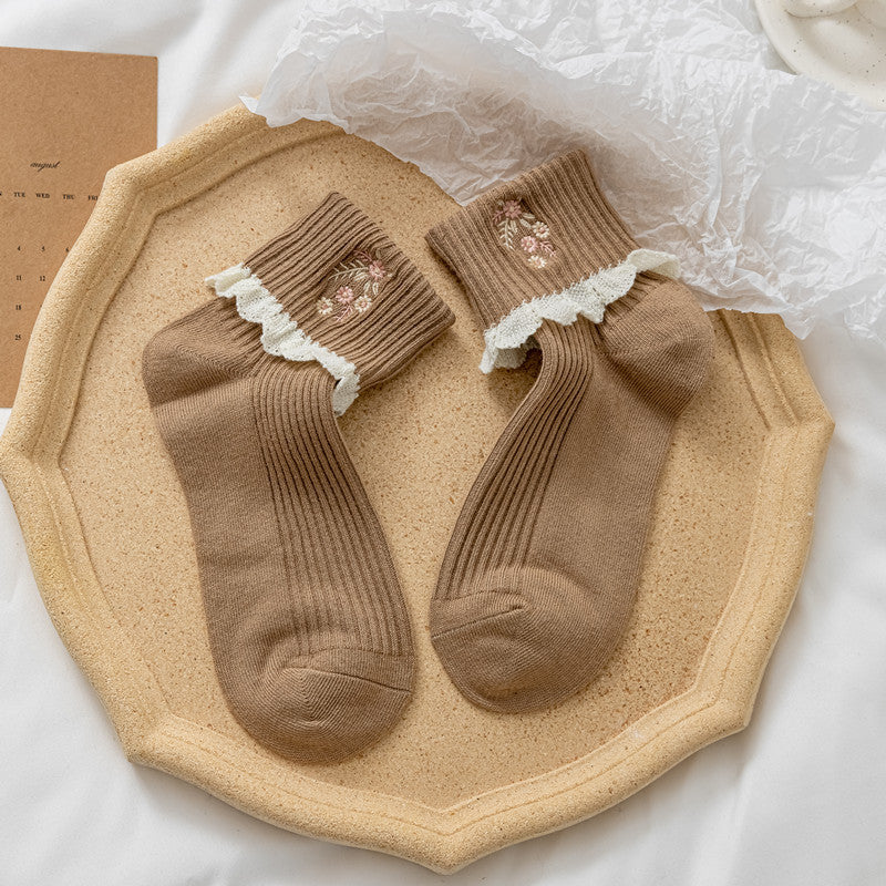 Women's Mid Tube Socks Combed Cotton Edge Embroidery