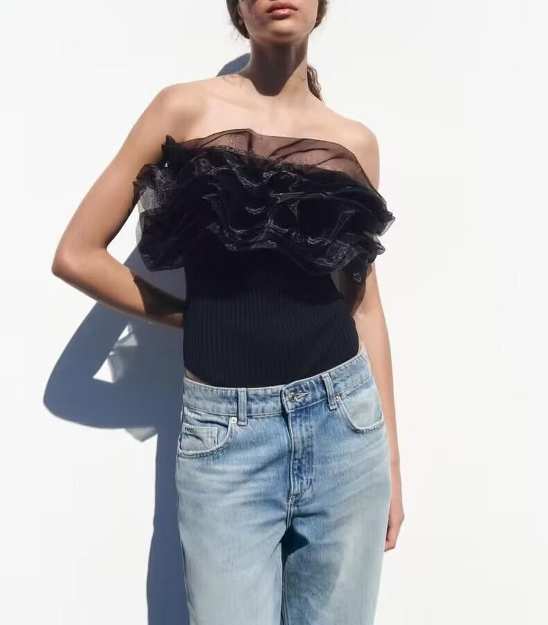 Strapless Straight Collar Transparent Organza Laminated Decoration Rib Jumpsuit