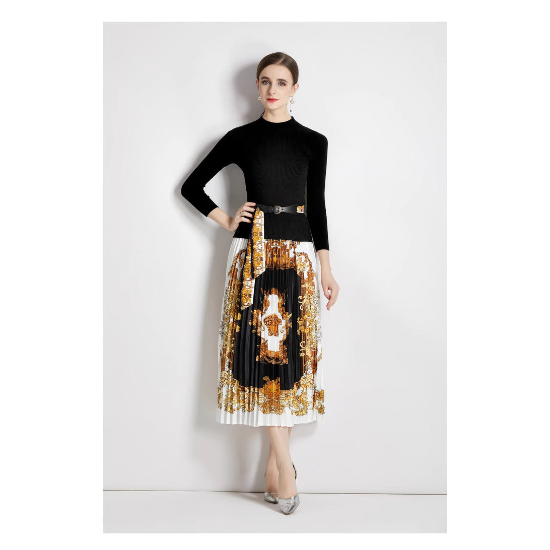 Fashion Women Stand Collar Slim-fit Knitwear Two-piece Set