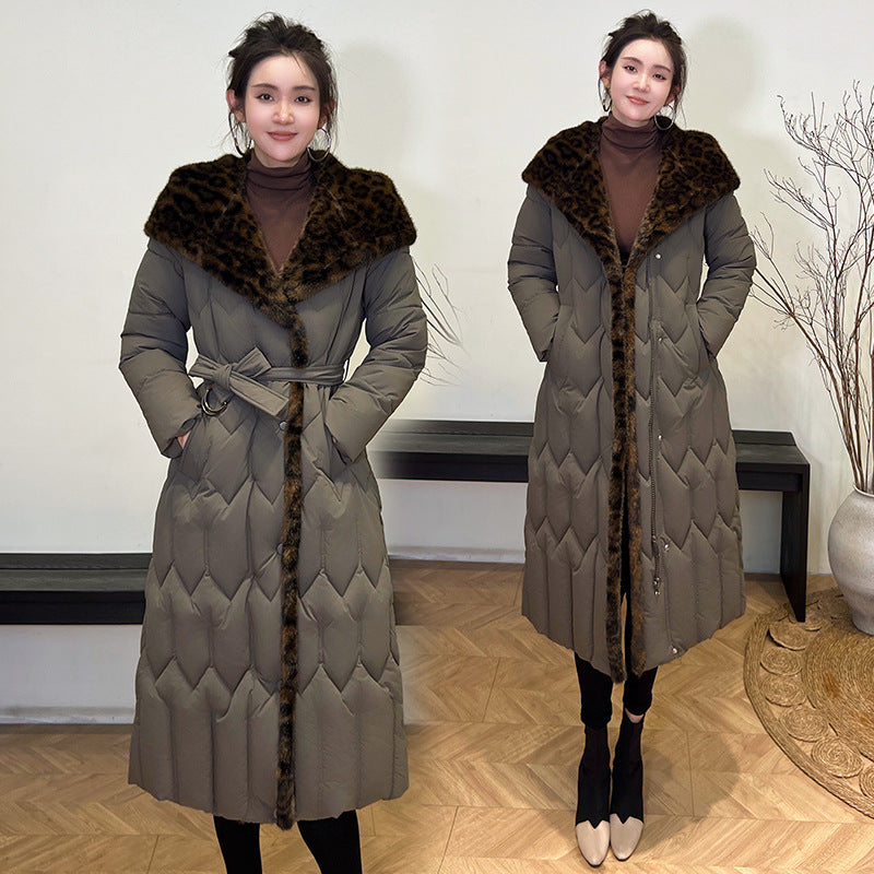 Stitching Overknee Long Slim-fit Belt Elegant Cotton-padded Jacket