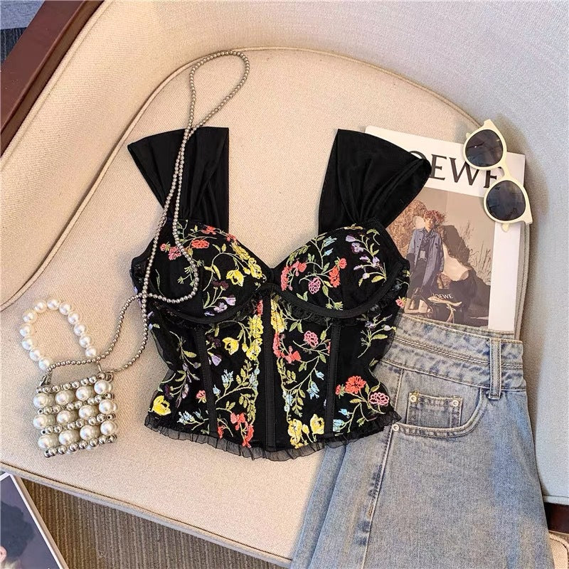 Embroidered Lace Sling Beautiful Back With Chest Pad Fishbone Short Vest