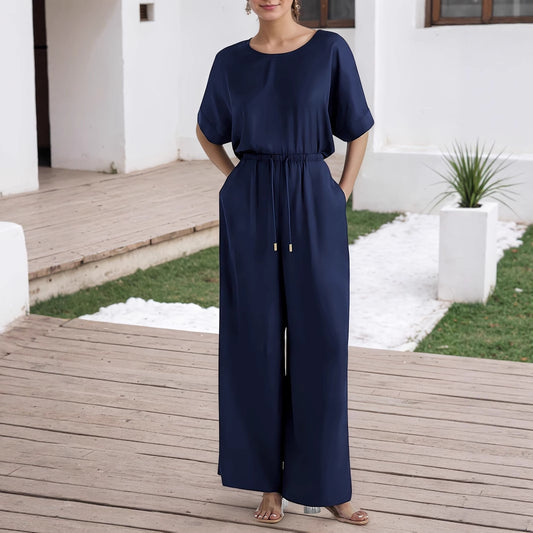 Casual Short-sleeve Top And Drawstring Wide-leg Pants Set