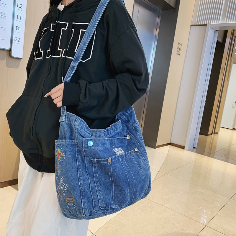 Enkel Denim Dame Skuldertaske Med Stor Kapacitet