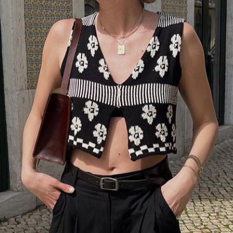 Fashion Floral Black-and-white Contrasting Split Wool Vest