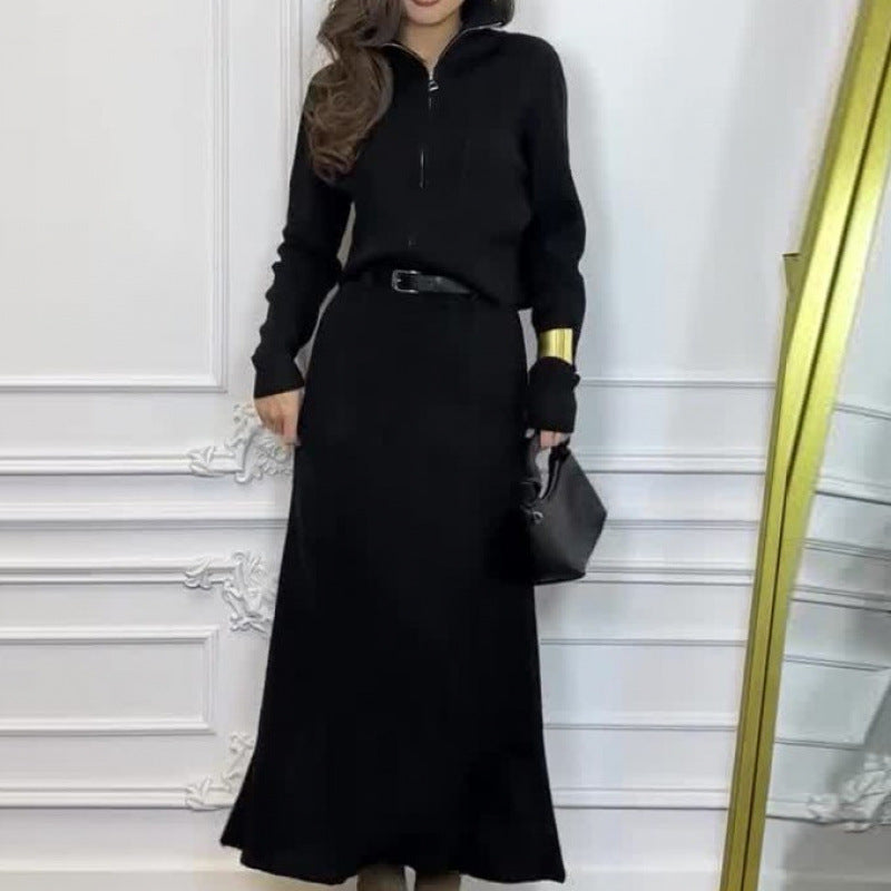 Solid-color Long-sleeve Zip-up Jacket And Skirt Fashion Set