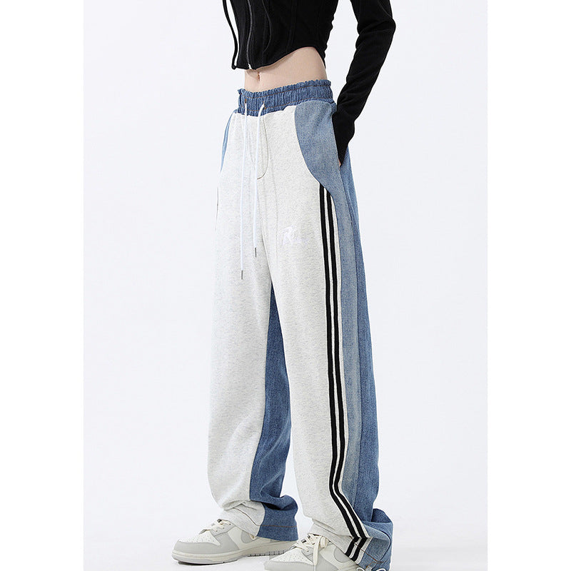 Patchwork-jeans amerikansk High Street løse bukser med brede ben hiphop-sportsbukser