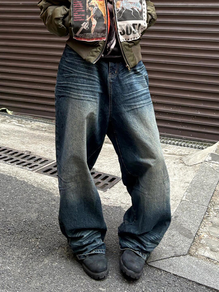 American Retro Worn Looking Washed-out Wide Leg Jeans