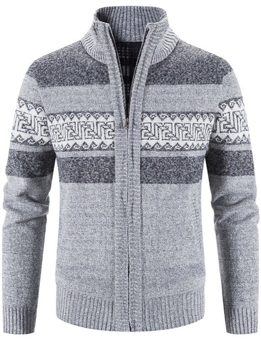Casual Men's Hooded Color Block Printed Cardigan Knitted Cardigan Sweater Jacket