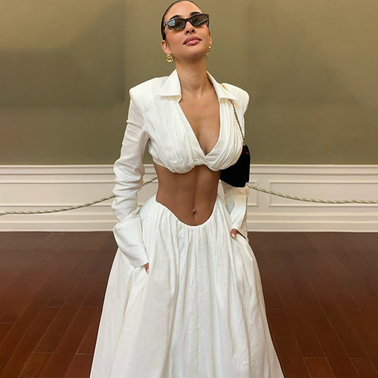Solid-color Long-sleeve Backless Top And Bodycon Maxi Skirt Set