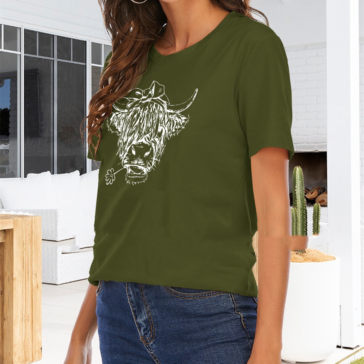 Women's Cow Head Printed Round Neck Solid Color Short Sleeve