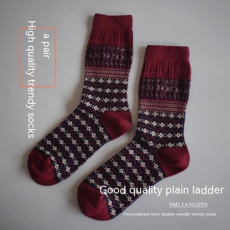 Mid Length Double Needle Christmas Artistic Retro Ethnic Style Long Socks