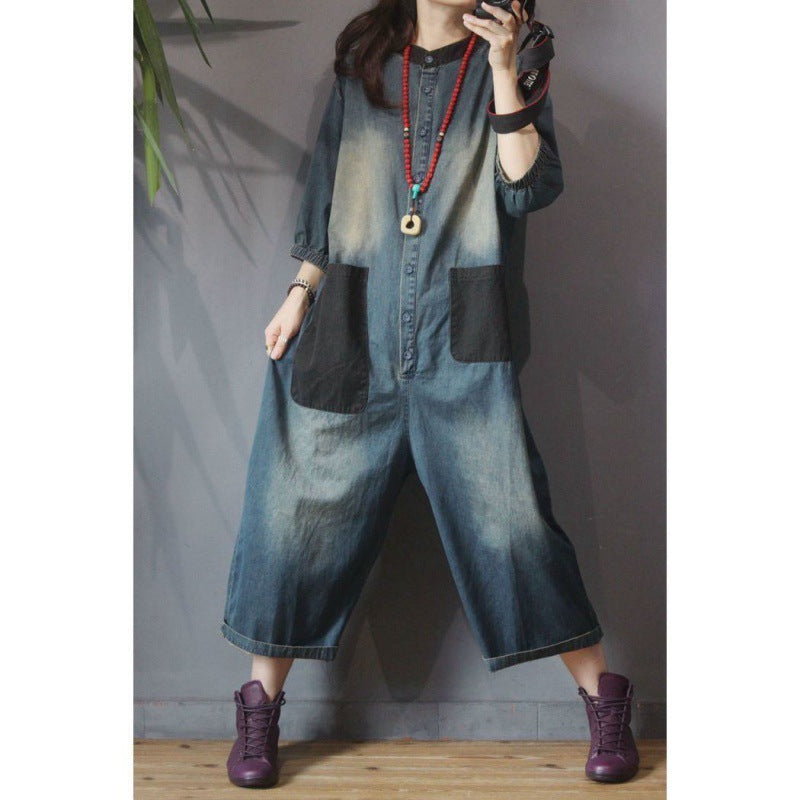 Retro Personality Plus Size Patch Large Pocket Jumpsuit