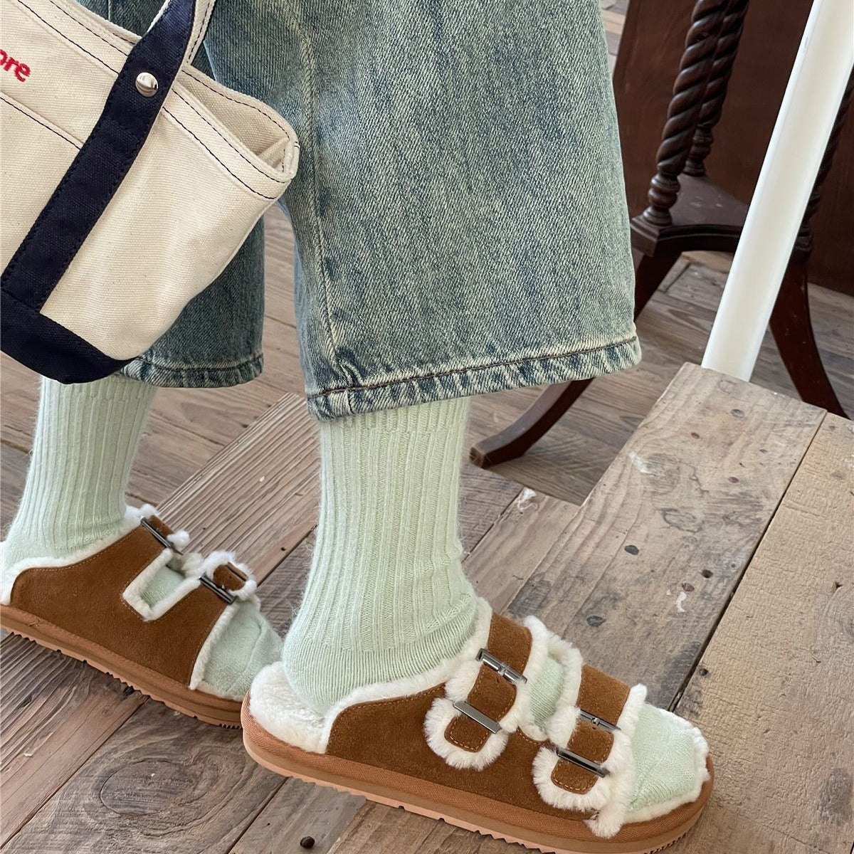 Solid-color Rabbit-fur Chunky Knit Thermal Socks