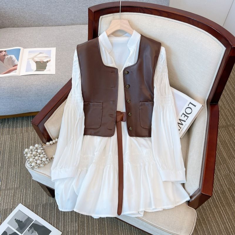 French Retro Shirt Dress Women's Vest Two-piece Set
