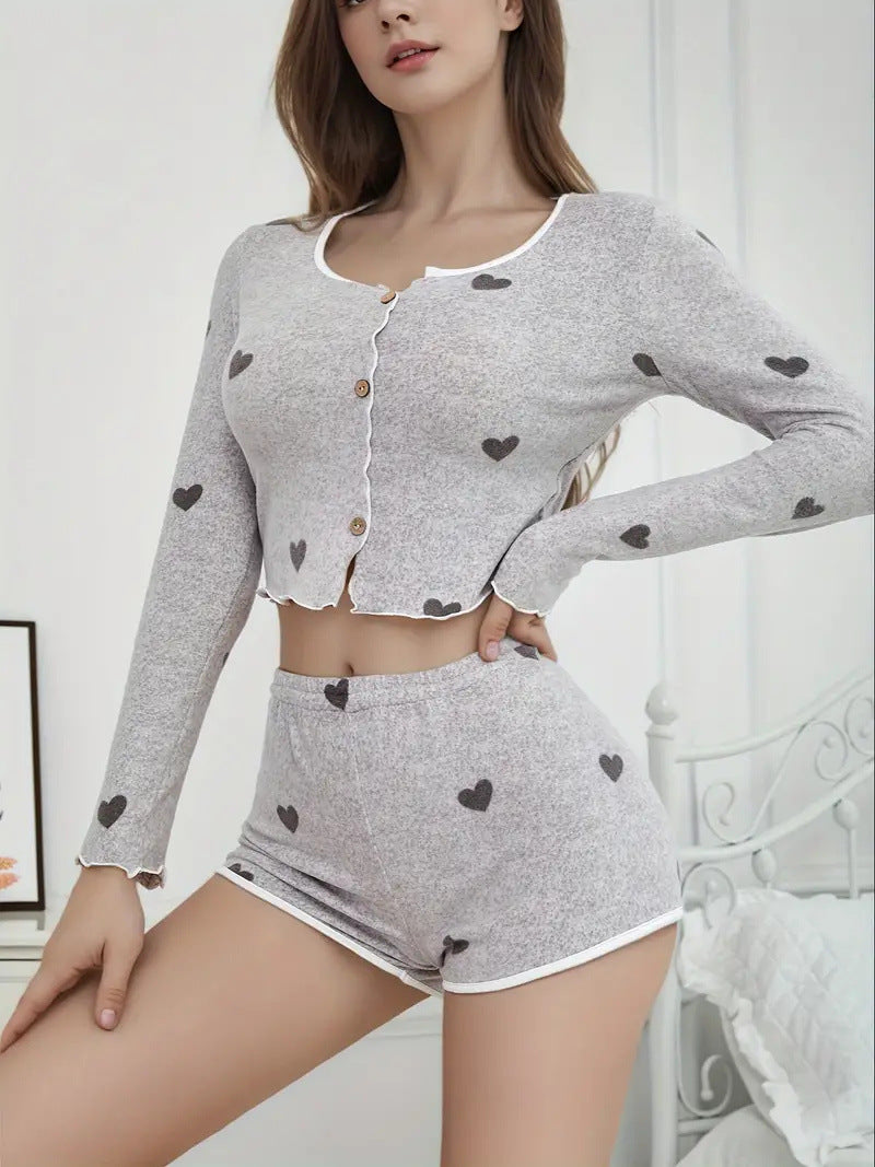 Knitted And Emerized Heart Printing Ruffled Pajamas Shorts Suit