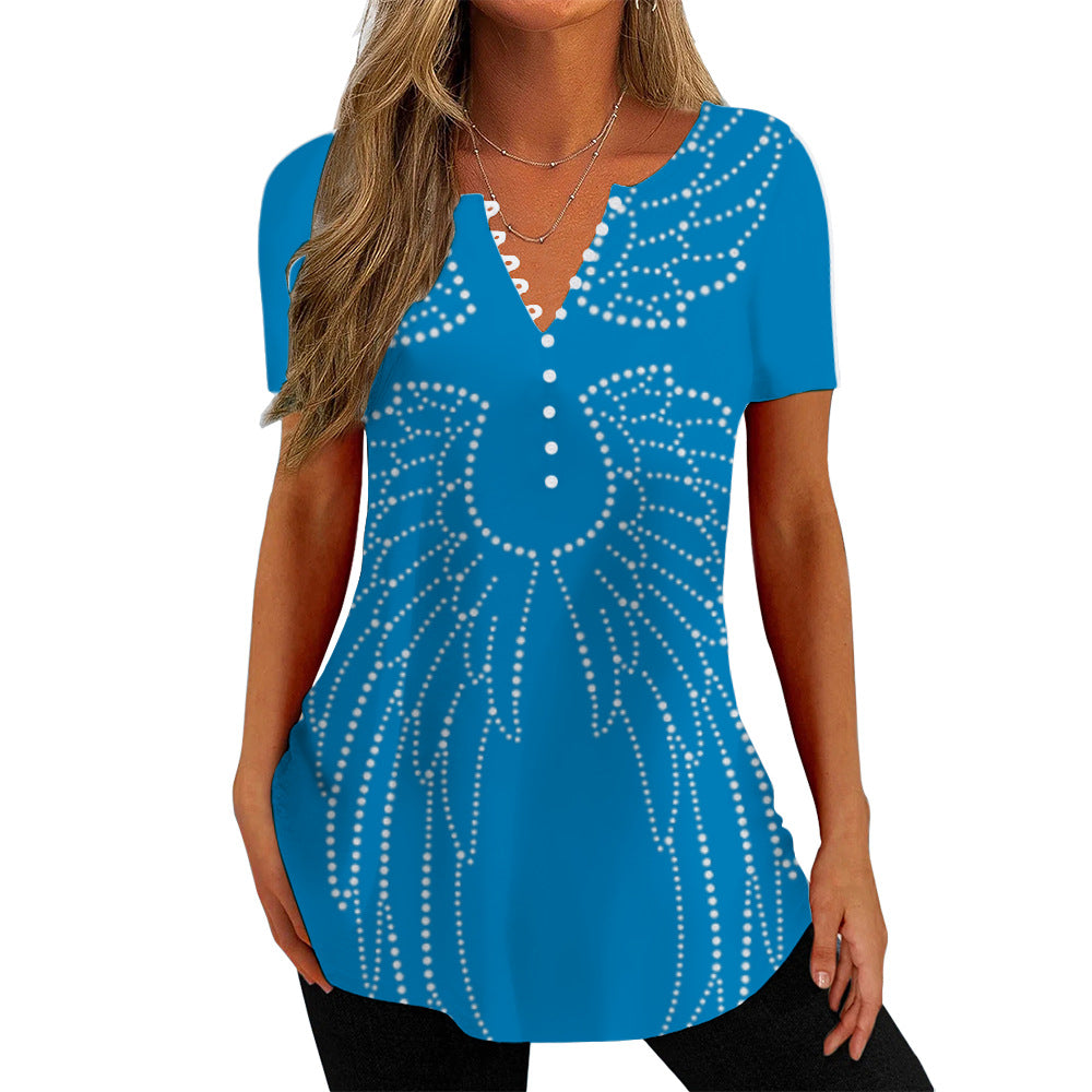 V-udskæring, Prikket, Vinger, T-shirt, Kortærmet, Skjorte, Printet, 3D Digital Top