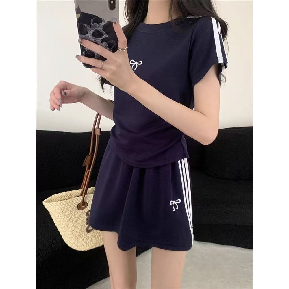 Sporty Casual Striped T-shirt And Skirt Set