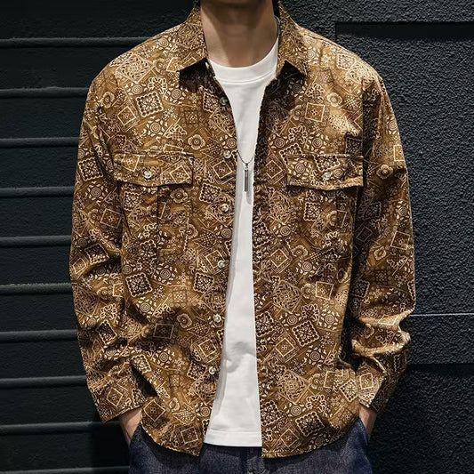 Social Style Denim Printing Men's Lapel Casual Shirt