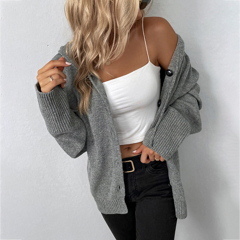 Women's Solid-Color Knitted Sweater With Front Buttons Hood And Drawstring