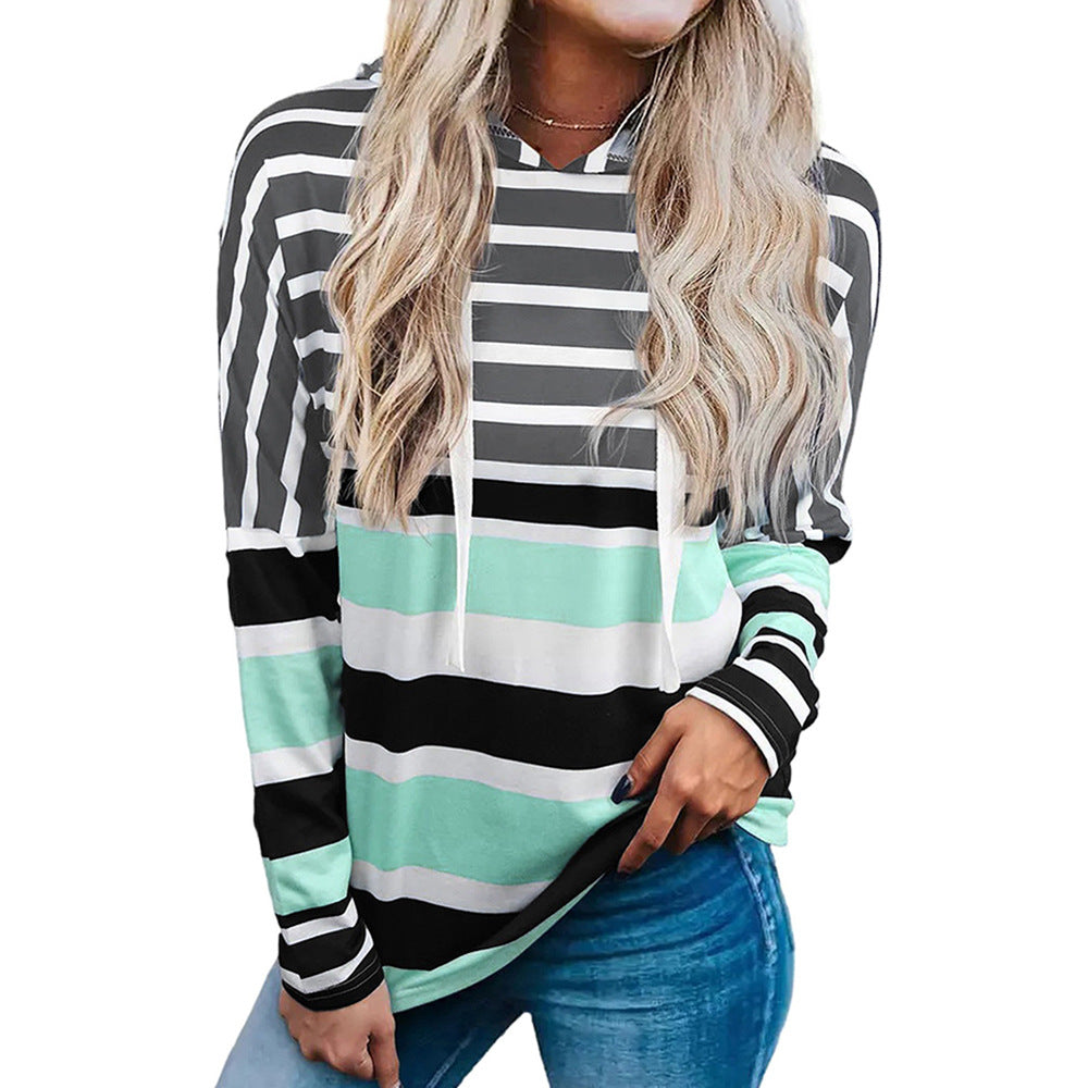 Women's Striped Hooded Long Sleeve Loose Casual Sweatshirt